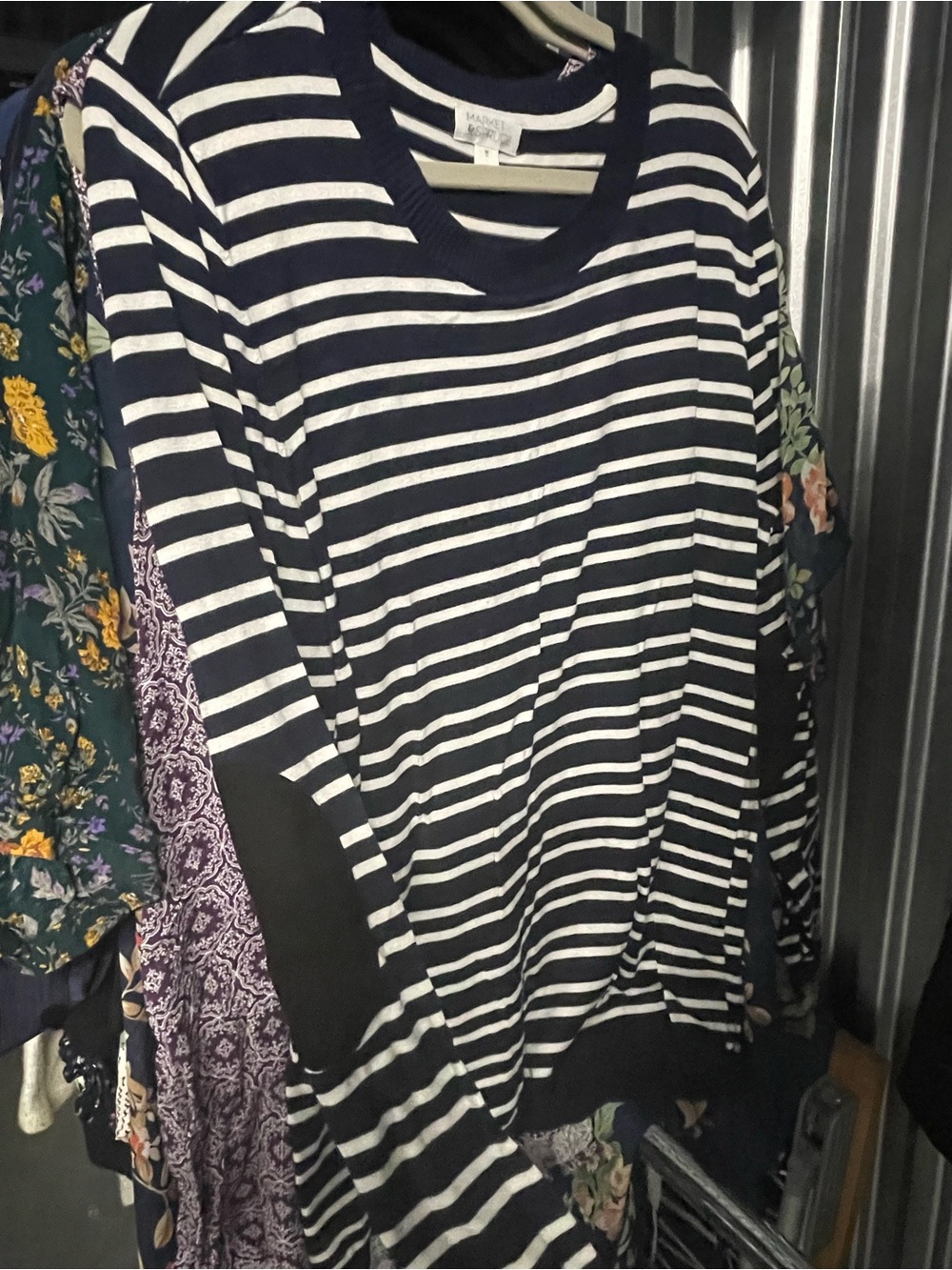 Market & Spruce Navy and White Striped Crewneck Top